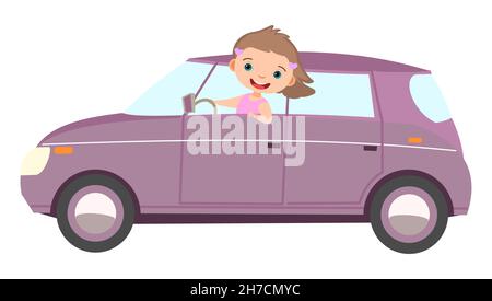 Childrens car. Kid rides on purple modern automobile. Toy vehicle. With a motor. Cute passenger auto. Isolated on white background. Vector Stock Vector