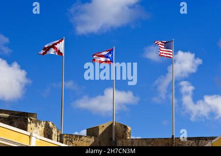 flags on Fort San Felipe del Morro, Puerto Rico Stock Photo