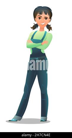 Woman in overalls. Service girl. Handyman, locksmith or repairman. Cheerful person. Standing pose. Cartoon comic style flat design. Single character Stock Vector