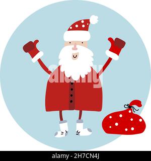 Hand drawn vector abstract fun Merry Christmas time illustration greeting card with Santa Claus, bag of many surprise gifts on sleigh and modern Stock Vector