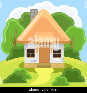 Small country house with white walls and yellow roofs. Funny cartoon style. Country suburban village. Traditional simple architecture. Illustration Stock Vector