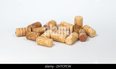 Wine corks close up on white background Stock Photo