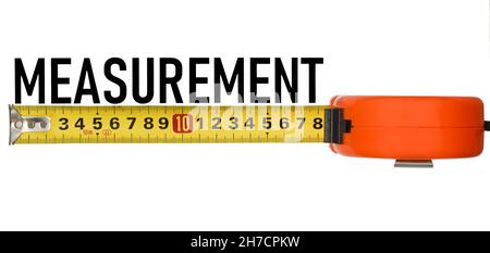 Tape measure with orange body and yellow measuring tape, isolated on white background and inscription "Measurement" Stock Photo