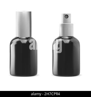 Cosmetic serum spray bottle. Small beauty essence packaging. Black glass airless pump container, skin toner advertising. Essential fragrance package, Stock Vector