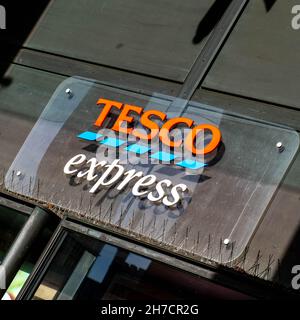 Victoria Westminster London England UK, November 7 2021,Tesco Express Supermarket Shop Front Logo With No People Stock Photo