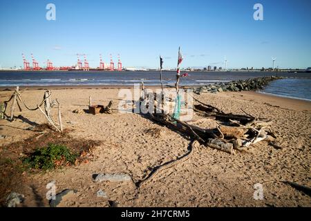 remnants of the black pearl ship made from items found on the beach by artist frank lund New Brighton the Wirral merseyside uk Stock Photo