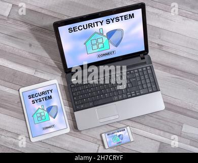 Home security system concept shown on different information technology devices Stock Photo
