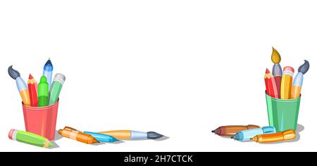 Stationery in a glass. Scattered in disarray. Tools for creativity and drawing. Childrens cartoon style. Brushes and pencils. Isolated on white Stock Vector