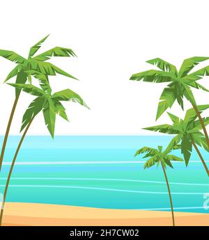 Sea beach. Summer seascape. Far away is the ocean horizon. Calm weather. Vertical composition. Flat style illustration. Vector. Stock Vector