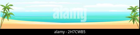 Sea beach. Summer seascape. Far away is the ocean horizon. Calm weather. Horizontal composition. Flat style illustration. Vector. Stock Vector