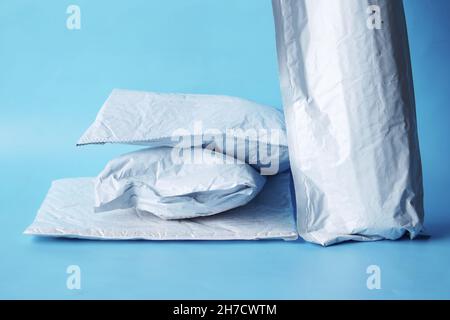 white paper bubble envelope on table  Stock Photo