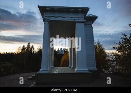 Vyborg, Russia - View of the Tomb Chapel, Ludwigsburg on Ludwigstein Island in Mon Repos Park from the side of the Temple of Neptune. Stock Photo