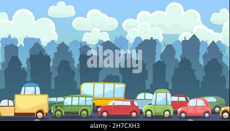 Heavy traffic on road. Seamless horizontal cartoon illustration. Asphalt path. Summer city landscape. Different cars in comic style. Vector Stock Vector