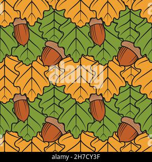Color seamless pattern with oak leaves and acorns. Vector background. Stock Vector