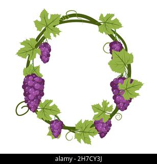 Round Frame. Vine with foliage and bunches of grapes. Viticulture and farming. Branches with berries on a dense bush. Young vineyard. Sweet autumn Stock Vector