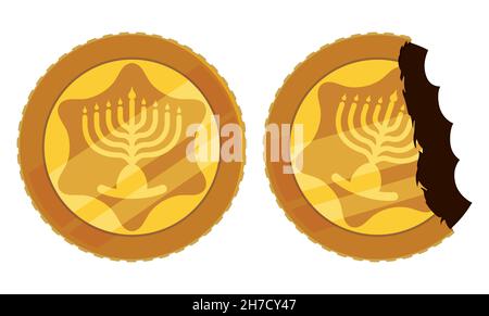 Set with two Hanukkah gelt or chocolate coins, covered with golden foil and one of them opened and the other bitten, design over white background. Stock Vector