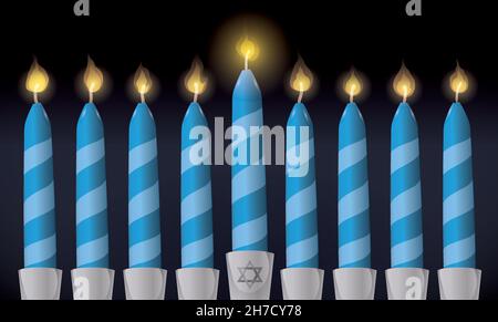 Blue lighted candles decorated with stripes over candelabra decorated with David' Star for Hanukkah, over dark background. Stock Vector
