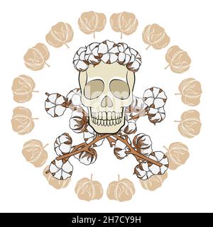 Skull in a wreath of cotton buds with crossed cotton branches. Isolated vector objects on white background. Stock Vector