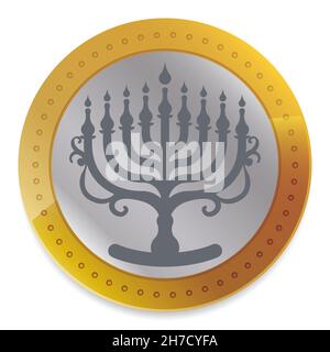 Hanukkah gelt -chocolate coin wrapped with metallic foil- decorated with silver round label and hanukkiah silhouette, isolated over white background. Stock Vector