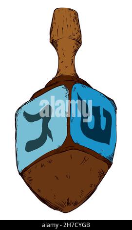 Dreidel in hand drawn style and traditional Hebrew letters, isolated over white background. Stock Vector