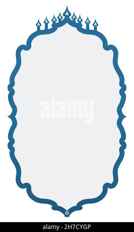 Blue vertical frame decorated with nine lighted candles on the top, and David's Star on the bottom, ready to celebrate Hanukkah. Stock Vector