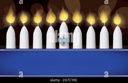 Nine lighted candles and the shamash decorated with Star of David, behind blue ribbon with empty space over dark background with bokeh effect. Stock Vector