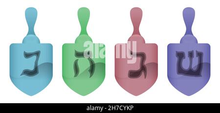 Set with colorful dreidels and Hebrew letters -nun, gimel, hei, shin- to play during Hanukkah celebration. Stock Vector