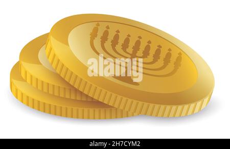 Stack of delicious Hanukkah gelt -chocolate coins- decorated with hanukkiah silhouette over white background. Stock Vector