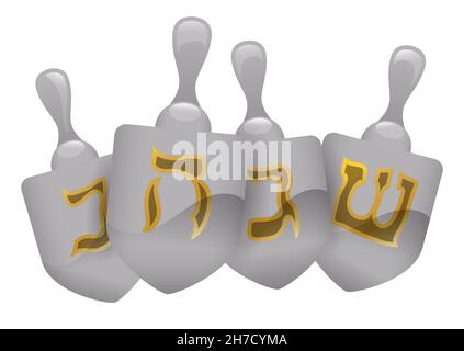 Silver dreidels decorated with with golden traditional Hebrew letters for Hanukkah holiday. Stock Vector