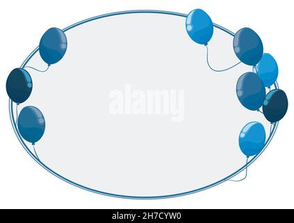 Template design in blue color with oval sign and balloons, isolated over white background. Stock Vector
