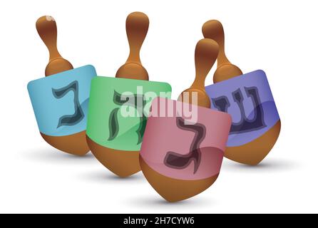 Dreidels -or spinning top toys- with traditional Hebrew letters to play during Hanukkah season. Stock Vector