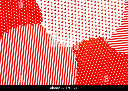 Red white festive pattern, Christmas wrapping paper background. Stripes hearts and dots minimal Xmas presents design. Stock Photo