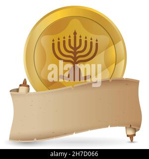 Golden Hanukkah gelt -chocolate coin- decorated with hanukkiah, behind an unrolled scroll template. Stock Vector