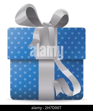 View of giant gift box decorated with blue and starry shiny paper with patterns, decorated and silver ribbon and bow. Stock Vector