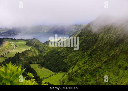 View of the lagoons from the Miradouro da Boca do Inferno, Sao Miguel island, Azores Stock Photo