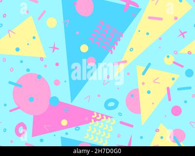 Geometric seamless pattern in the style of the 80s. Memphis style elements. Colorful abstract background for printing, wrapping paper and promotional Stock Vector