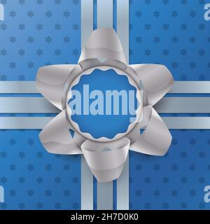 Silver ribbons and bow over blue paper decorated with stars for Hanukkah. Stock Vector