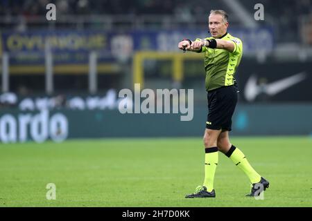 Official referee  Paolo Valeri gestures during   the Serie A match between Fc Internazionale and Ssc Napoli. Stock Photo