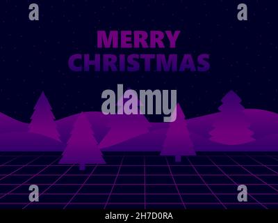 Merry Christmas. Virtual reality with grid and Christmas trees with purple gradient. Synthwave and retrowave style. Design of a greeting card, banner Stock Vector