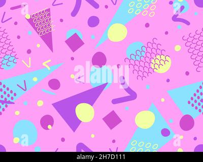 Geometric seamless pattern in the style of the 80s. Memphis style elements. Colorful abstract background for printing, wrapping paper and promotional Stock Vector