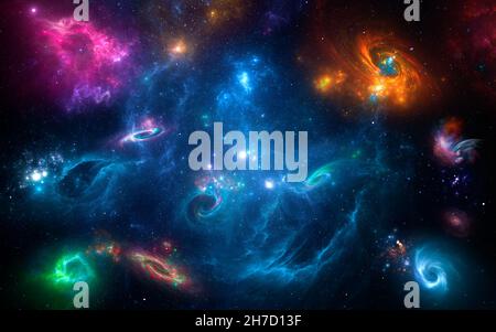 Panorama Space scene with planets, stars and galaxies. Banner template. Many Nebulae and galaxies in space, many light years away. Deep Universe. Larg Stock Photo