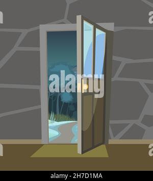 Opened door. From inside of room at home. Green landscape night view with road in forest. Stone wall. Way is open. Cartoon style. Vector Stock Vector