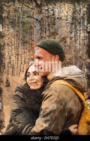 Happy young heterosexual family. Man and woman embracing while hiking in an autumn forest. Digital watercolor painting Stock Photo