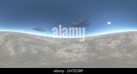 Surrealistic UFO illustration, 3D rendering of unknown landscape background Stock Photo