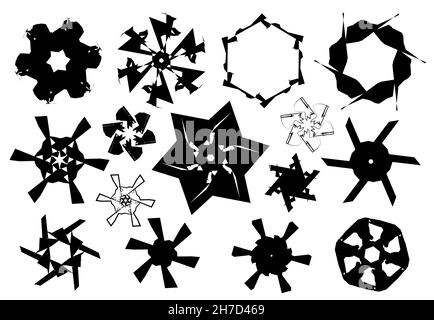Black and white stars and snowflakes shapes isolated over white background, vector illustration set, vector icons collection Stock Photo