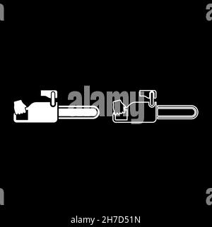 Chainsaw in hand lumberjack woodcutter icon white color vector illustration flat style simple image set Stock Vector