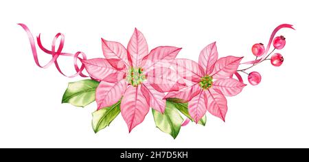 Watercolor Christmas wreath. Transparent poinsettia flowers, holly berries, festive ribbons. Hand painted illustration for winter holiday season Stock Photo