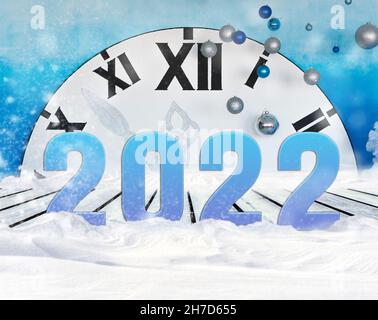 New year 2022, banner greeting card layout with snow. Festive composition of numbers 2022, blue background