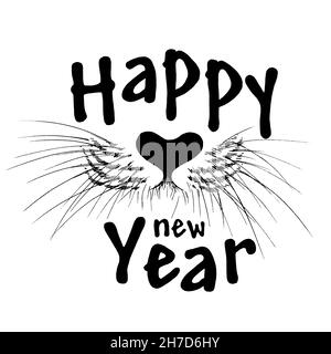 Handwritten brush lettering composition of Happy New Year with tiger nose on white background Stock Photo