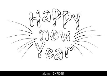 Handwritten brush lettering composition of Happy New Year with tiger nose on white background Stock Photo